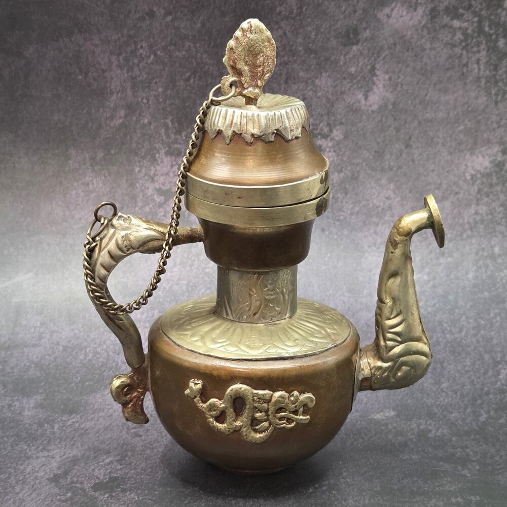 Antique Copper and Brass Tibetan Teapot with Dragon Chinese Collectible